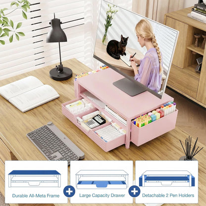 OPNICE Desk Organizers and Accessories, Computer Monitor Stand Riser with Drawer and 2 Pen Holders, Printer & Laptop Stand, Office Desk Accessories & Workspace Organizers for Home Office Supplies, Black