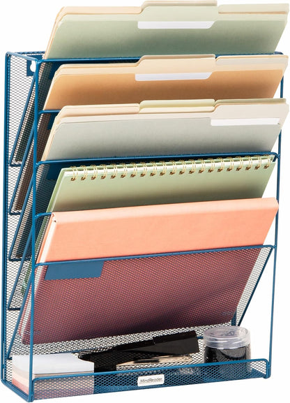 Mind Reader 5-Pocket Vertical File Storage, Desktop Organizer, Wall Mount, Office, Metal Mesh, Pink