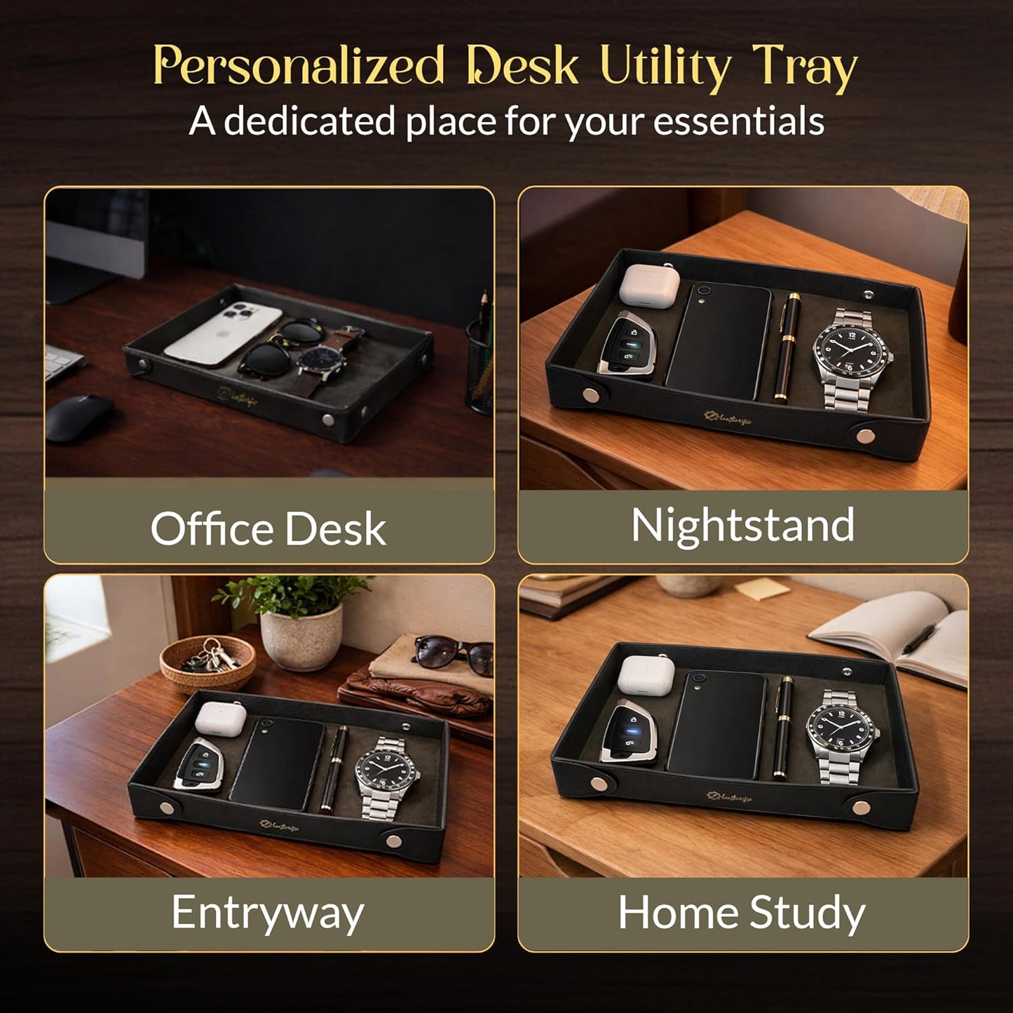 Luxe Genuine Leather Valet Chronicle Tray | Premium Handmade Multipurpose Catchall Tray, Coin Watch Key Trinket Dish for Home Office Desk, Nightstand Entryway (Russet, 11 x 9 x 1.5)