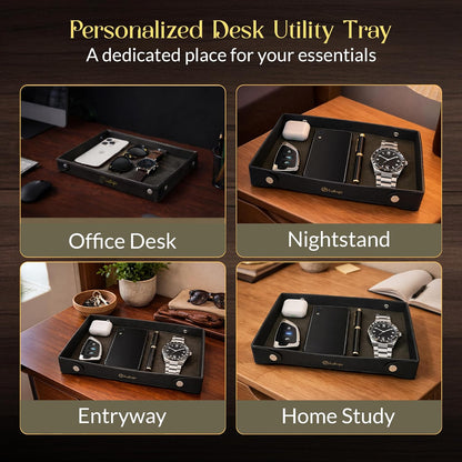 Luxe Genuine Leather Valet Chronicle Tray | Premium Handmade Multipurpose Catchall Tray, Coin Watch Key Trinket Dish for Home Office Desk, Nightstand Entryway (Russet, 11 x 9 x 1.5)