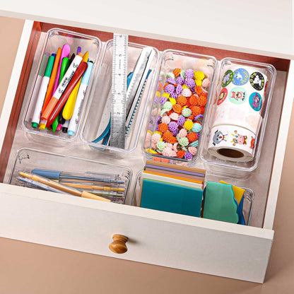 Ohlove 6 Pcs Large Clear Plastic Drawer Organizers Tray 15" x 6.3" Storage Bins with 25 Pcs Non-Slip Pads for Makeup, Jewelries, Kitchen Utensils, Bathroom and Office