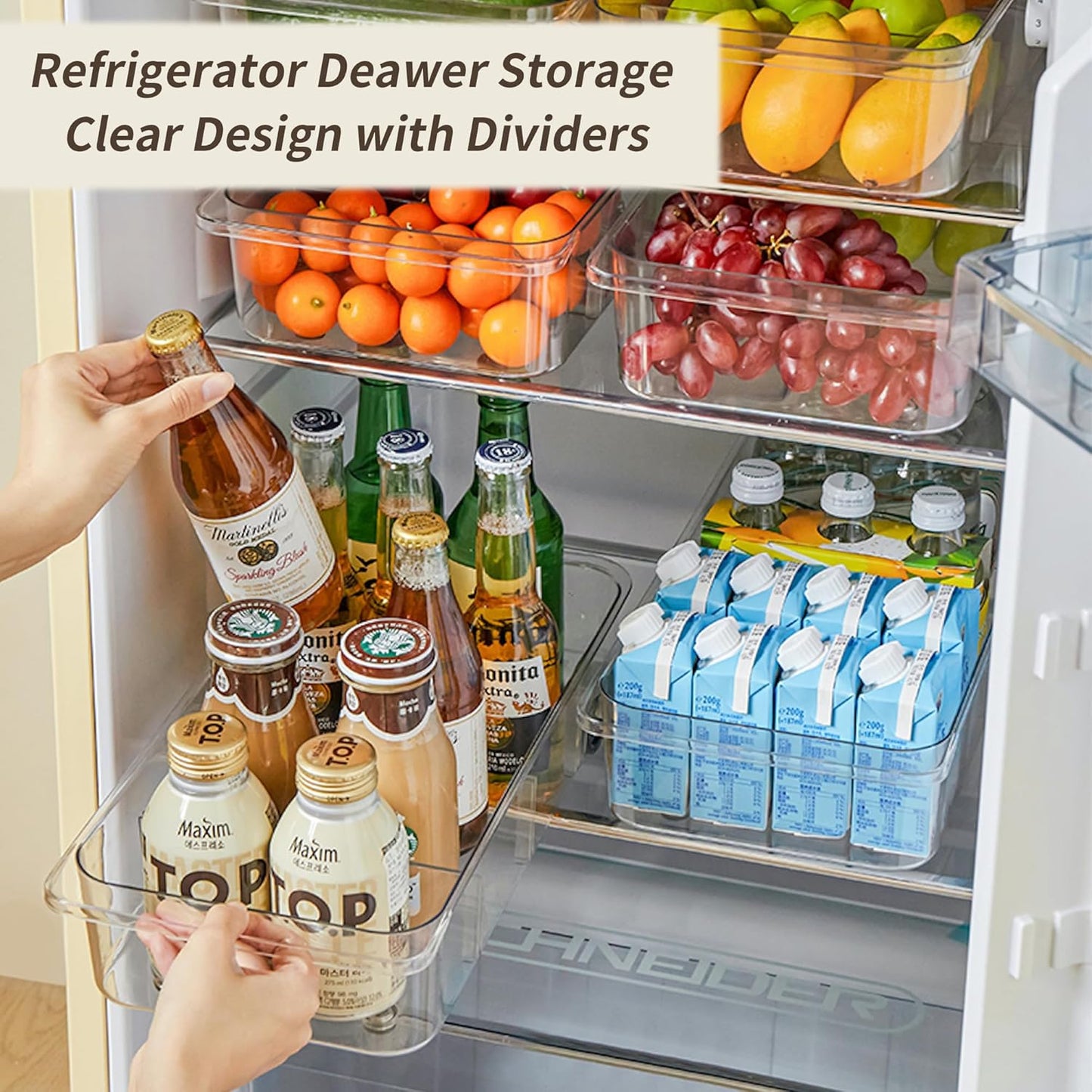 Attelite RollOut Refrigerator Drawer Organizer and Storage Clear Design with Dividers, Fridge Organizer on Wheels, Upgrade Thick Plastic Pantry Storage Bins, Kitchen Organization 2 Set