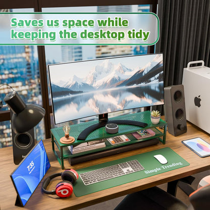 Simple Trending 2 Tier Metal Dual Monitor Stand Riser with 32"x10" Mouse Pad, Computer Desk Organizer for 2 Monitors, Laptop, Printer, TV, Black