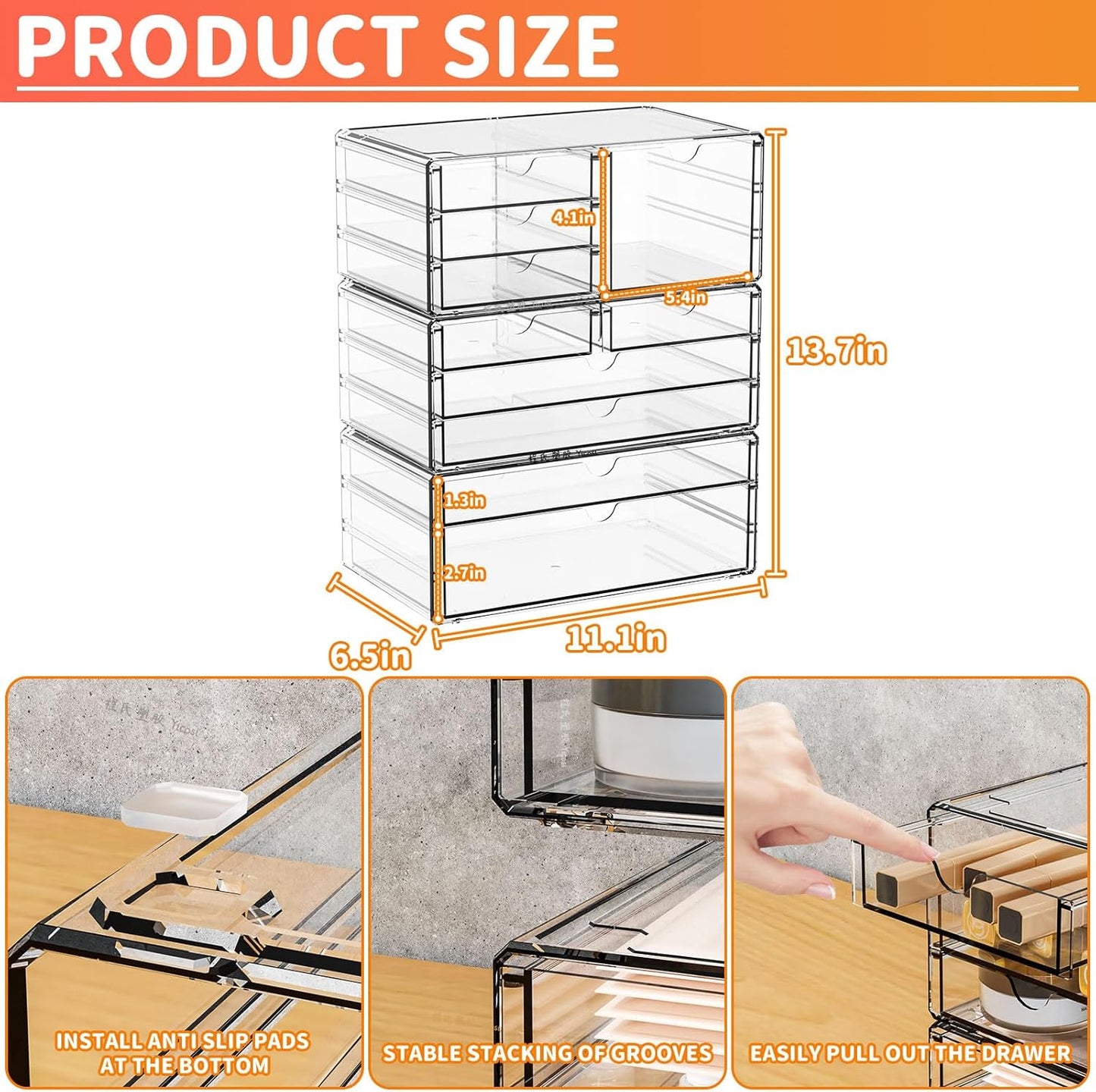Yieach 2 Pack Acrylic Storage Drawers With 6 Drawers,Stackable Desk Organizer and Makeup Organizer,Large Clear Office Supplies Organizer for Pen,Stationary,Palettes,Arts Craft Organizers and Storage