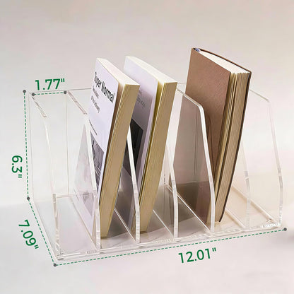 Acrylic Magazine File Holder, 4 Vertical Compartments Desk Document Sorter Organizer, Clear Folder Rack Binder for Office/Home/Classroom, for Documents, Tablet, Magazines, Books & Accessories
