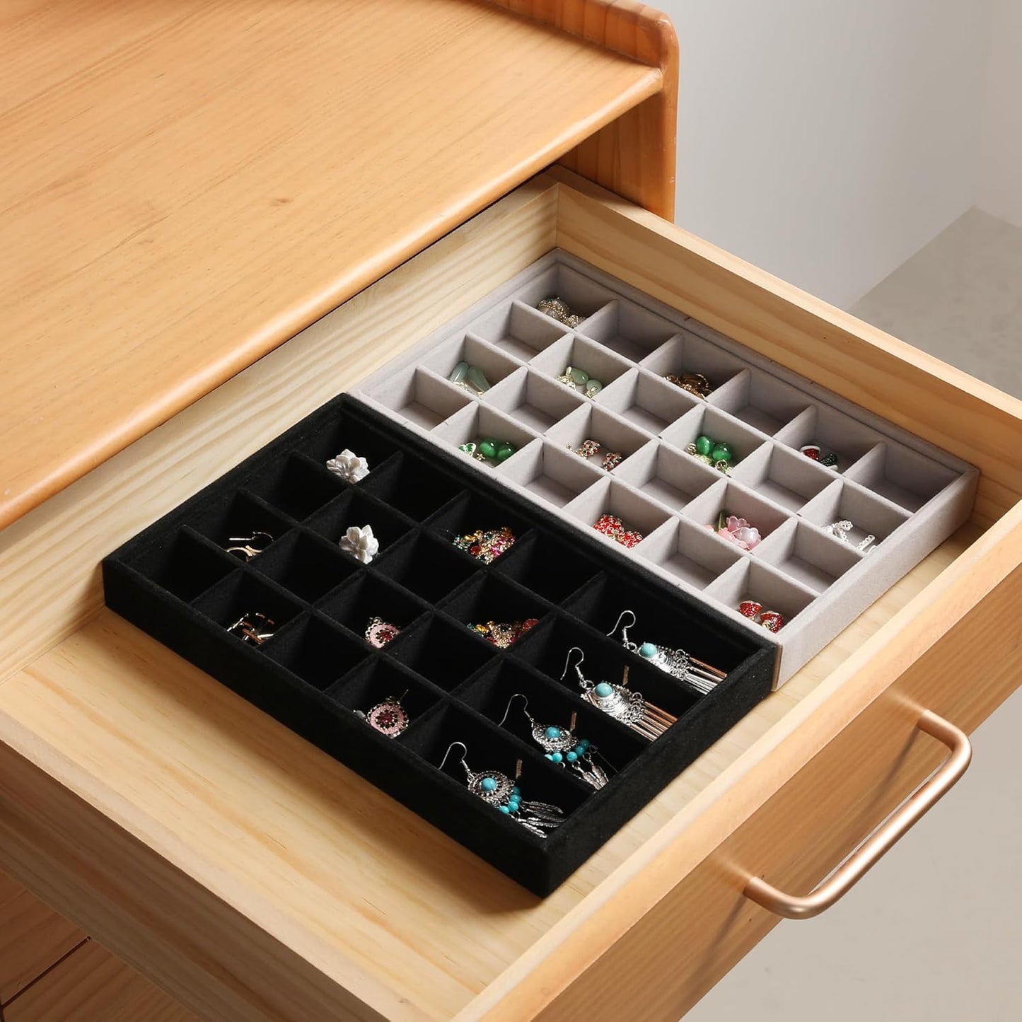 Frebeauty Stackable Jewelry Trays, Velvet Drawer Jewelry Organizer with Glass Lid,5 in 1 Multi-Functional Jewelry Storage for Earrings Necklaces Rings, 10.5 x 6.5 x 5.55 Inches Gift for Women(Beige)