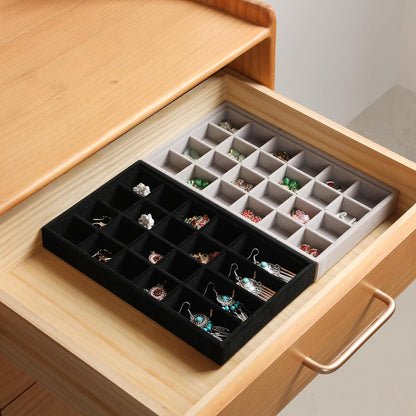 Frebeauty Stackable Jewelry Trays, Velvet Drawer Jewelry Organizer with Glass Lid,5 in 1 Multi-Functional Jewelry Storage for Earrings Necklaces Rings, 10.5 x 6.5 x 5.55 Inches Gift for Women(Beige)