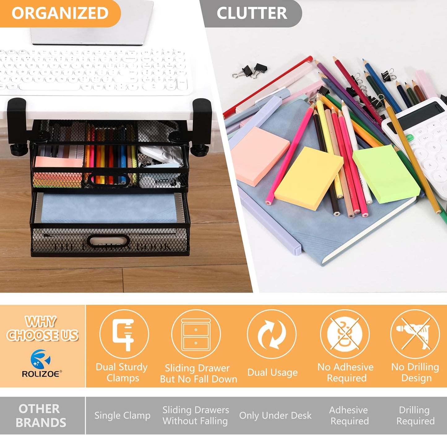 Sliding Under Desk Drawer Organizer No Drilling 2 Drawers Slide Out Desktop Or Under Table Storage Metal Clamp On Desk Drawer Attachment Anti-Slip Desktop Organizer for Home & Office, White