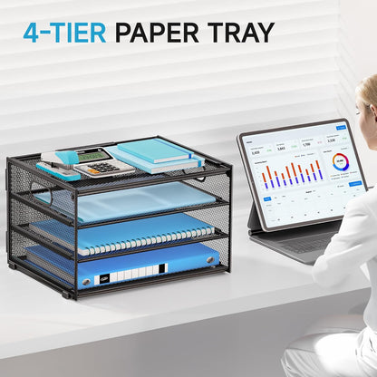 Lavatino 3-Tier Letter Tray Desk Paper Organizer – Black Mesh Metal File Tray Organizer for Desk, Office Supplies & Home Organization | Fits A4/Letter Paper, Mail, Magazines and Office Accessories