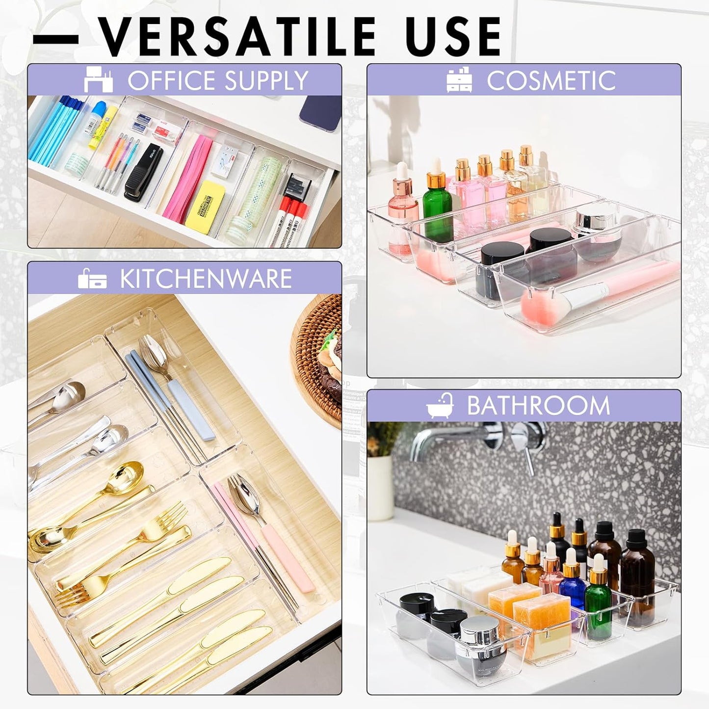 HOUSE DAY Makeup Drawer Organizer Trays 24 PCS, 4-Size Clear Drawer Organizers with Silicone Pads, Vanity Organizers and Storage, Non Slip Plastic Drawer Organizer for Desk, Bathroom, Kitchen, Office
