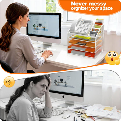 DocNest 4 Tier Metal Mesh Letter Tray - Space Saving Desk File Organizer with Handle, Pen Holder & Folder Holder - Desktop Document Sorter for Office, Home, School, Classroom - Black