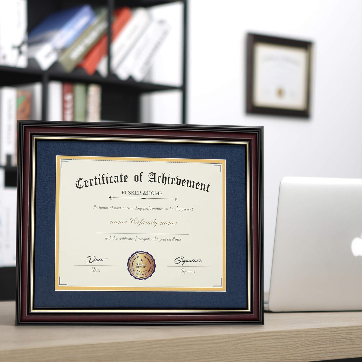 ELSKER&HOME Diploma Frame - Wide Solid Wood Frame - Black Velvet Golden Rim Mat - Semi-Tempered Glass - Includes Hanging Hardware and Desktop Easel(ONLY Display 11×14 Document/Certificate)