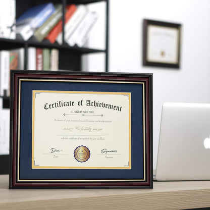 ELSKER&HOME Diploma Frame - Wide Solid Wood Frame - Black Velvet Golden Rim Mat - Semi-Tempered Glass - Includes Hanging Hardware and Desktop Easel(ONLY Display 11×14 Document/Certificate)