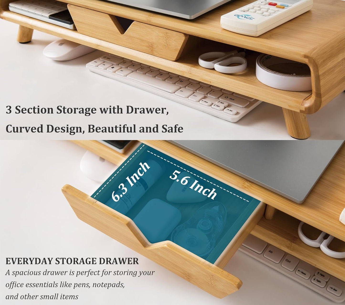 Homerays Monitor Stand with Drawer, Exquisite Computer Monitor Stand for Desk, Ergonomic Wood Monitor Stand Riser for Computer,Laptop,Printer,TV,Bamboo,White