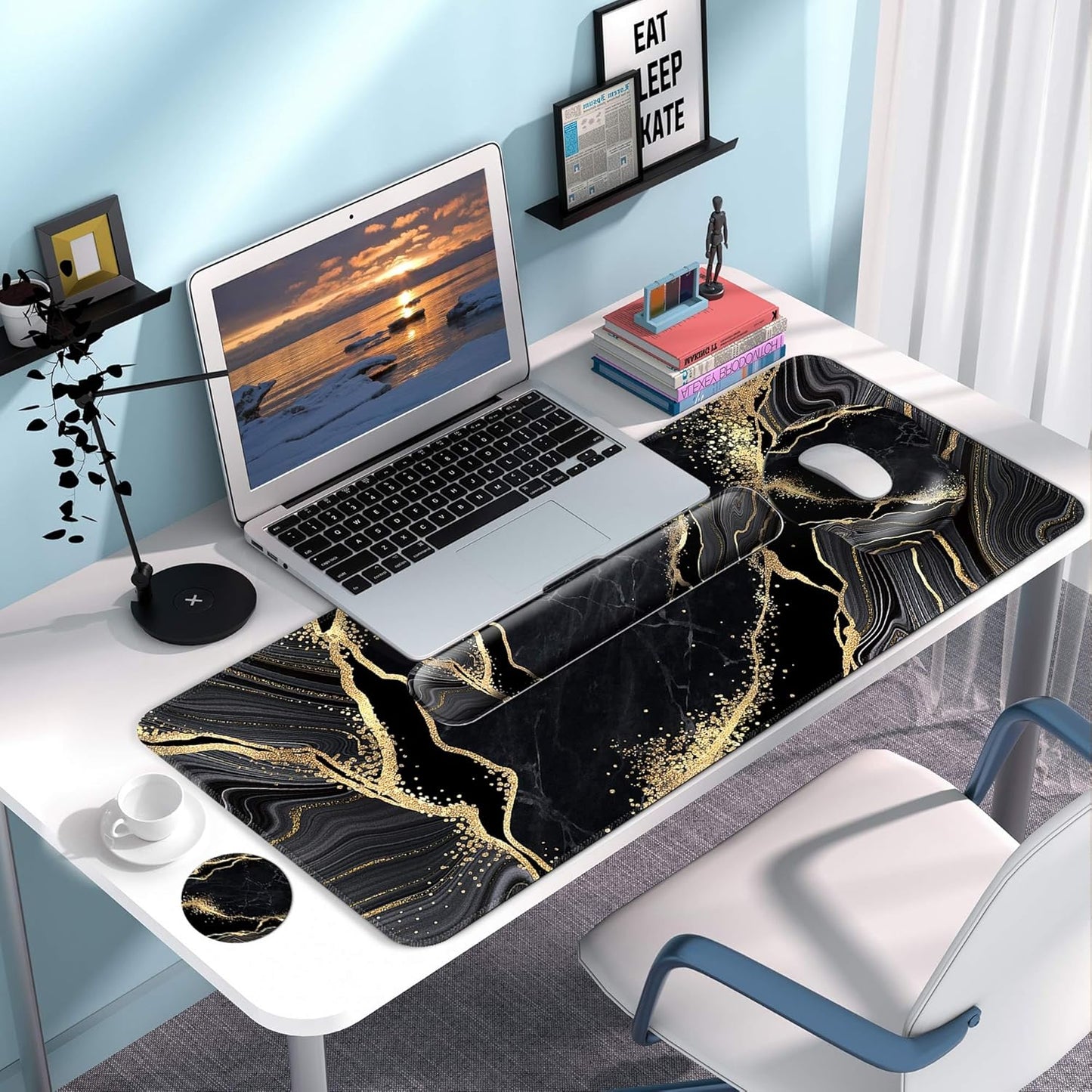 Desk Mat Set + Keyboard and Mouse Pad with Wrist Rest Support,4-in-1 Large Mousepad Computer Mats for Desktop Home & Office-Purple Butterflies