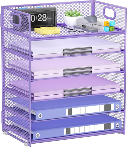 Paper Organizer Letter Tray with Handle, 5-Tier Black Stackable Desk Organizer with Metal Mesh, Sturdy Paper Tray for Office Desk, Home & Classroom Supplies Storage