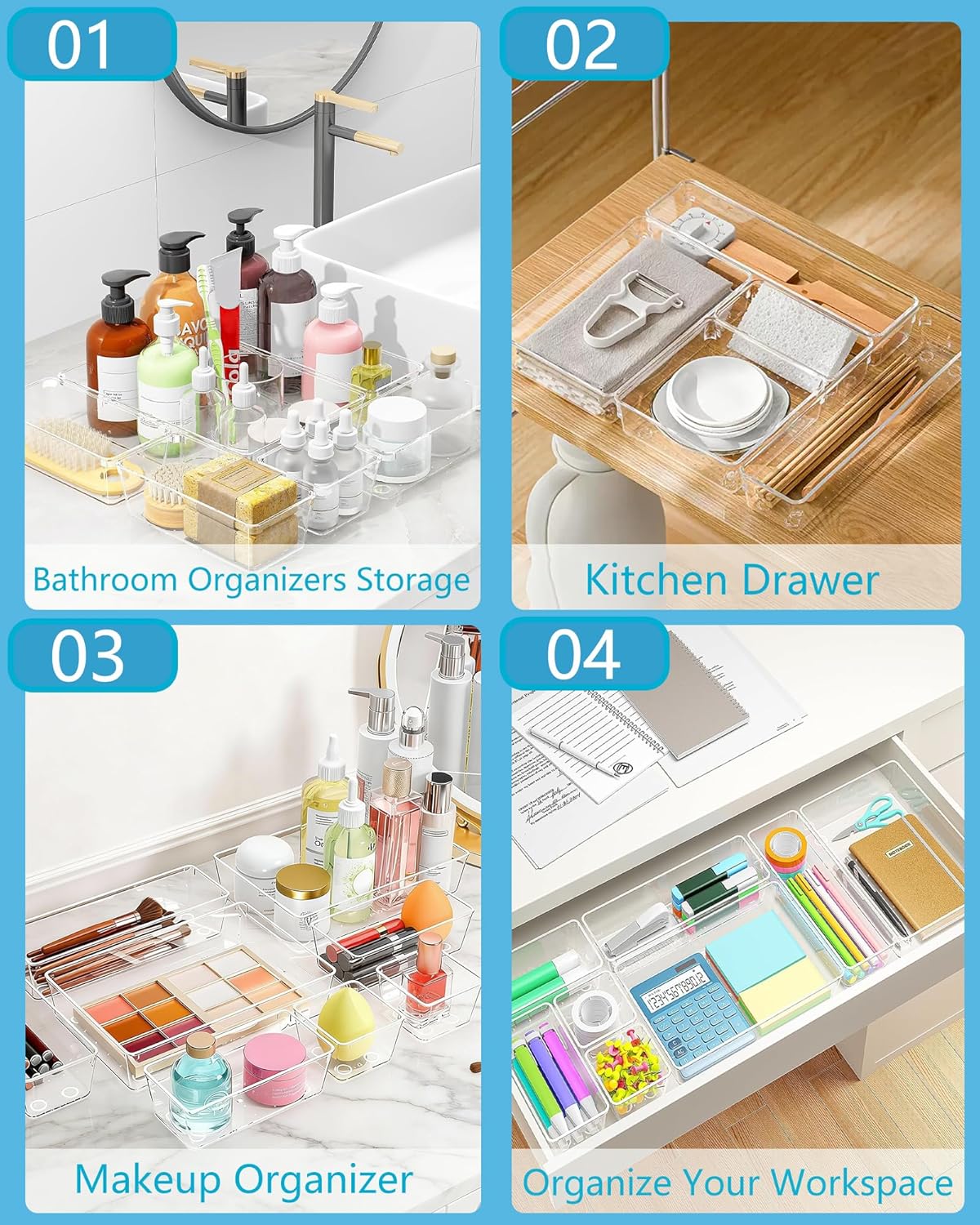 Clear Drawer Organizers Set of 13, 5-Size Vanity Organizer Trays, Stackable Bathroom & Desk Drawer Organizer for Makeup, Jewelry, Kitchen Utensils, Office Supplies and Small Gadgets Storage