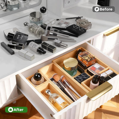Bamboo Drawer Organizer Set, 5 PCS Multi-Use Individual Wood Storage Organizers, Junk Drawer Divider and Storage Trays Containers for Kitchen, Bathroom, Office Desk, Makeup, Jewelry, Utensils