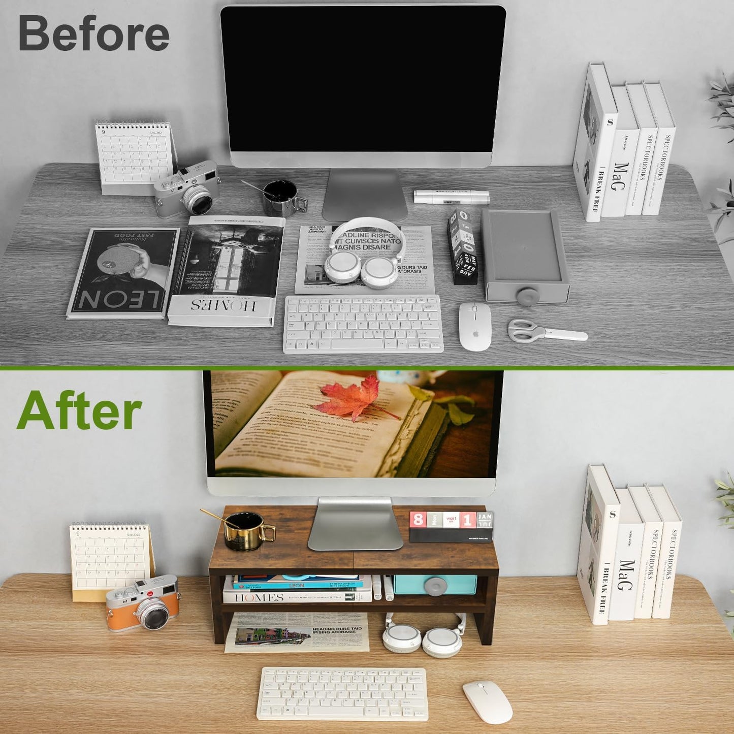 TEAMIX 2 Tiers Wooden Desktop Monitor Stand Riser 20 Inch Printer Stand with Double Storage Small TV Riser Laptop Keyboard Holder Business Desk Organizer Shelf Black Bookshelf