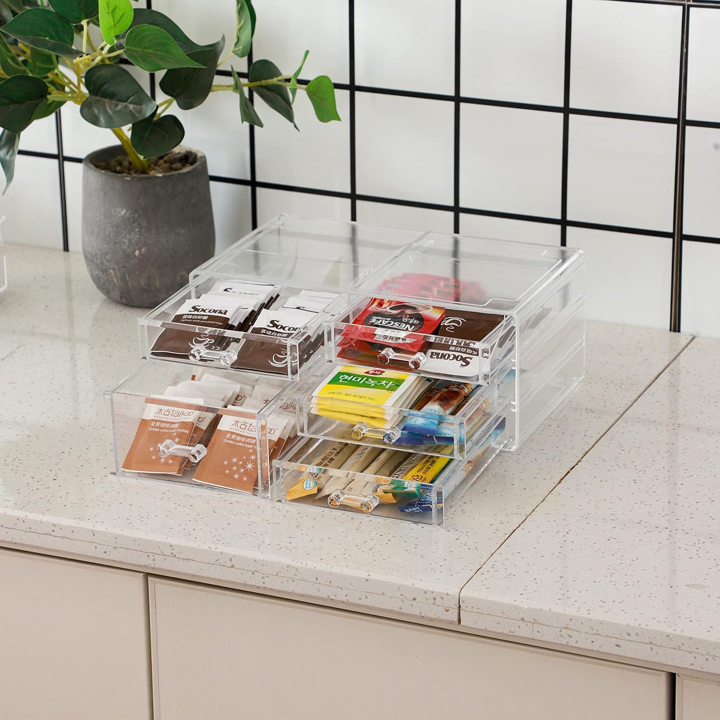 Cq acrylic 1 Pack Clear Stackable Storage Drawers for Vanity,Stackable 6 Drawers Desktop Organizer With Drawers,Cute Desk Storage for Office,Jewelry,Hair Clip,Beauty,Skincare and Make Up Organizers