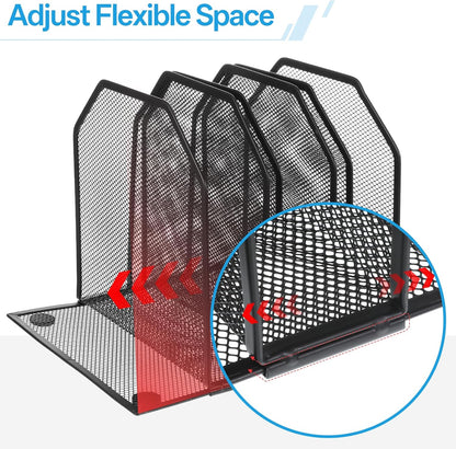 Desk File Organizer Vertical 5 Sections Metal Adjustable Magazine Holder Upright Desktop Bookshelf Organizer Stand File Sorter Office Desk Accessories Black