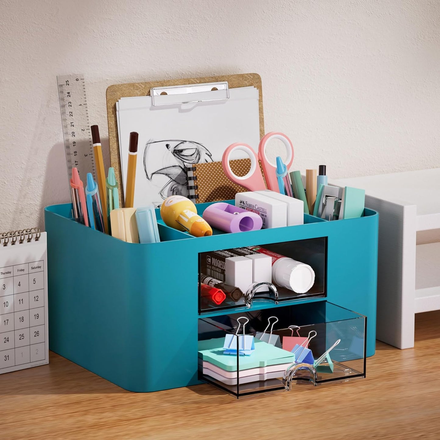 Marbrasse Pen Organizer with 2 Drawer, Multi-Functional Pencil Holder for Desk, Desk Organizers and Accessories with 5 Compartments + Drawer for Office Art Supplies (White)