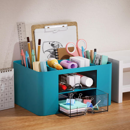 Marbrasse Pen Organizer with 2 Drawer, Multi-Functional Pencil Holder for Desk, Desk Organizers and Accessories with 5 Compartments + Drawer for Office Art Supplies (White)