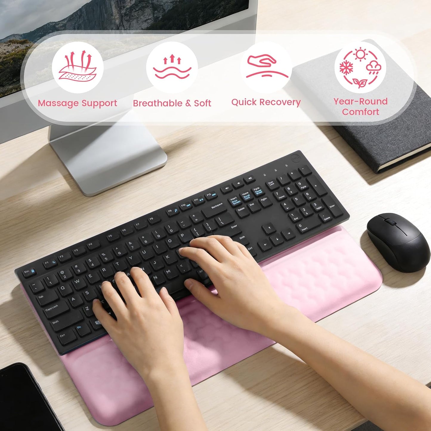 Keyboard Wrist Rest with Ergonomic Height - Computer Keyboard Stand & Soft Cushioned Pad for Wrist Pain Relief - Non-Slip Typing Support for Office, Gaming & Home (Black)
