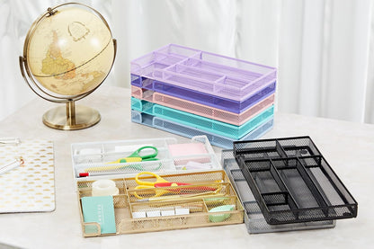 Annova Desk Drawer Organizer Tray for Office Organization - Metal Mesh - Storage Tray with Dividers for Pens, Desktop Accessories, Bathroom, Kitchen, Makeup and Office Supplies (Small, Gold)