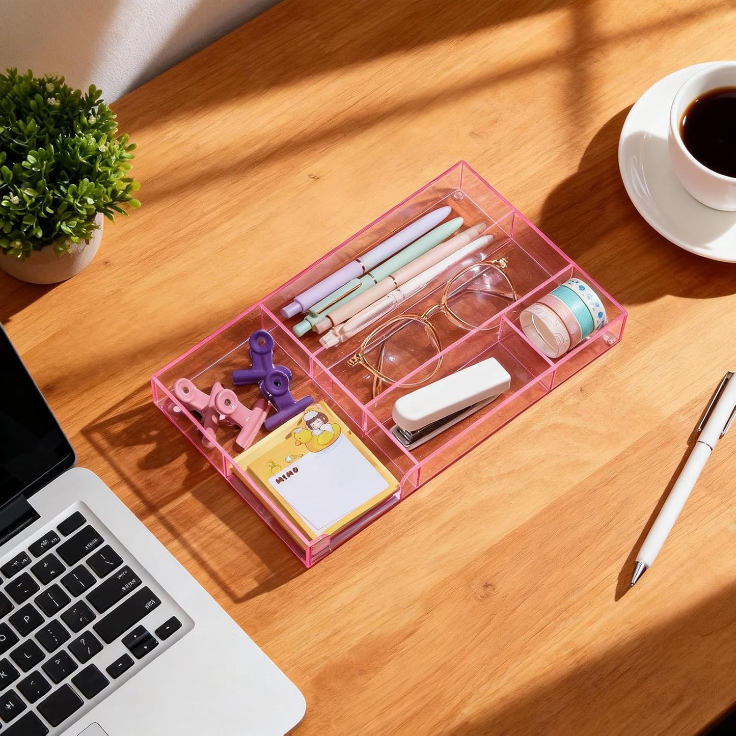Briwooody Clear Acrylic Desk Drawer Organizer 11 x 6.1 x 1.38 Inch Storage Tray Organizer for Pens, Stationery, Desktop, Office, Bathroom, Kitchen, Makeup Supplies (6 Compartments)