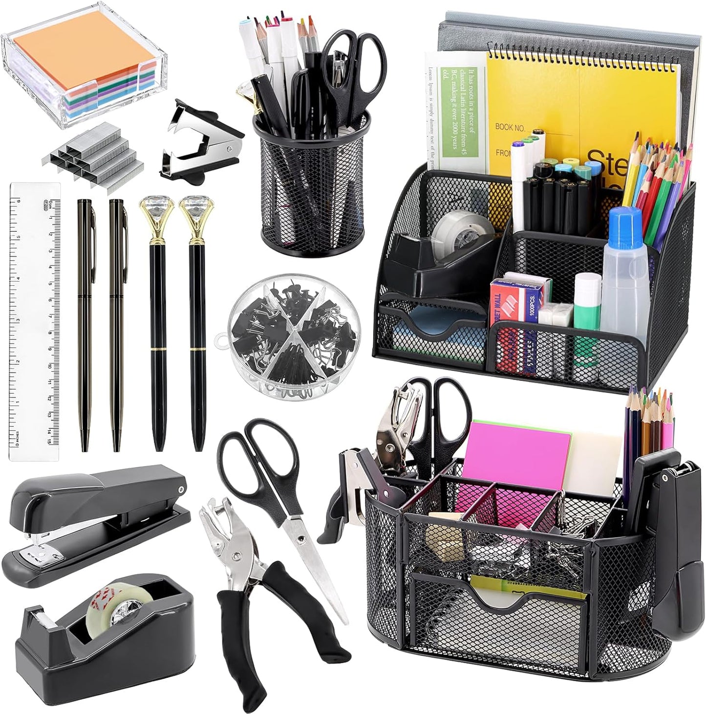 17 in1 Silvery Desk Organizers and Accessories Set, 3 Office Desk Supplies Storage Organization, 4 Pens, Stapler, Staples & Remover, Tape & Dispenser, Scissors, Ruler, Clips, Hole Punch Back to School