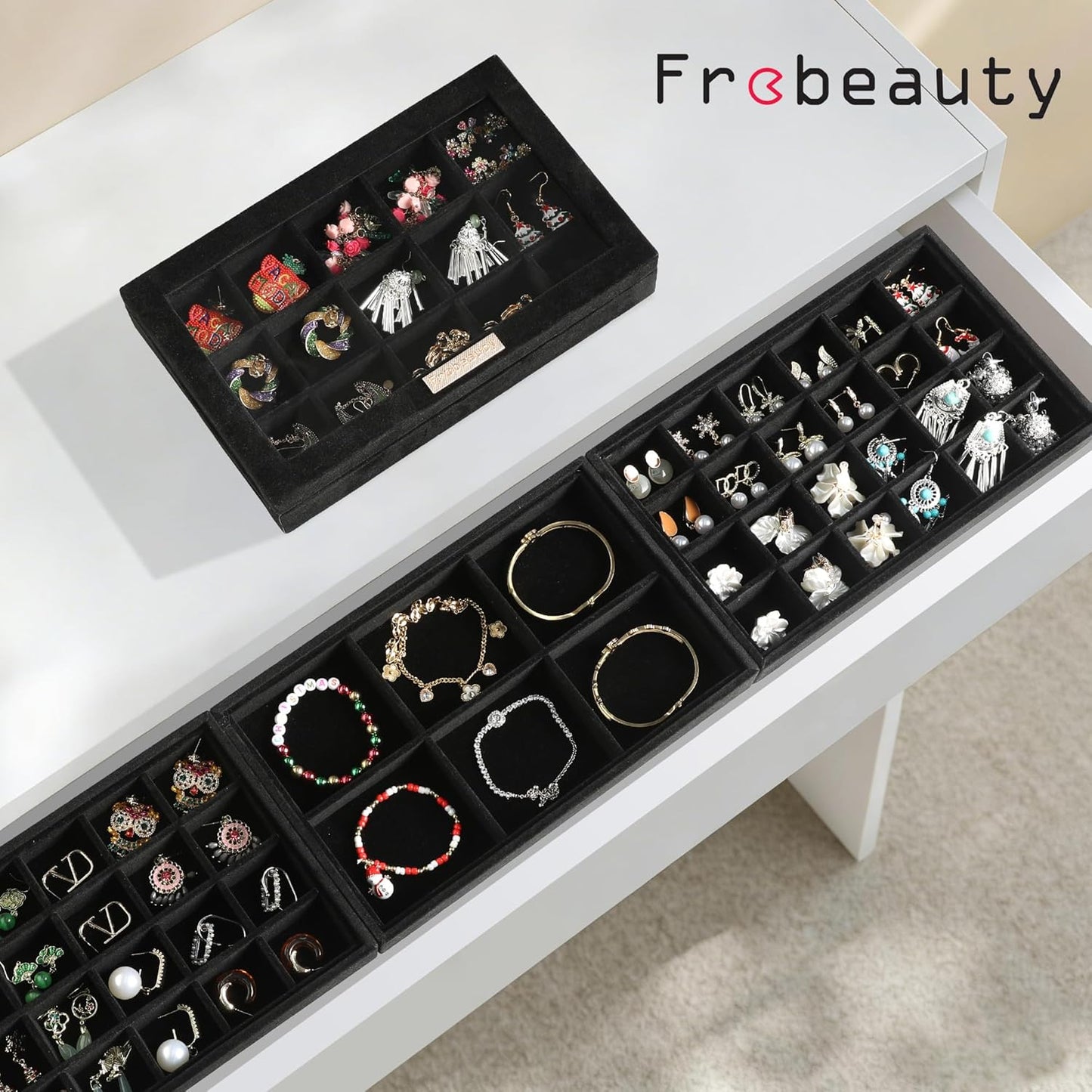 Frebeauty Stackable Jewelry Trays, Velvet Drawer Jewelry Organizer with Glass Lid,5 in 1 Multi-Functional Jewelry Storage for Earrings Necklaces Rings, 10.5 x 6.5 x 5.55 Inches Gift for Women(Beige)