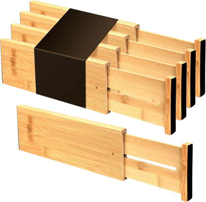Utoplike 4 pcs Bamboo Kitchen Drawer Dividers Large, Adjustable Drawer Organizers, Spring Loaded, Expandable Organization Works in Kitchen, Dresser, Bathroom, Bedroom, Drawer, Desk