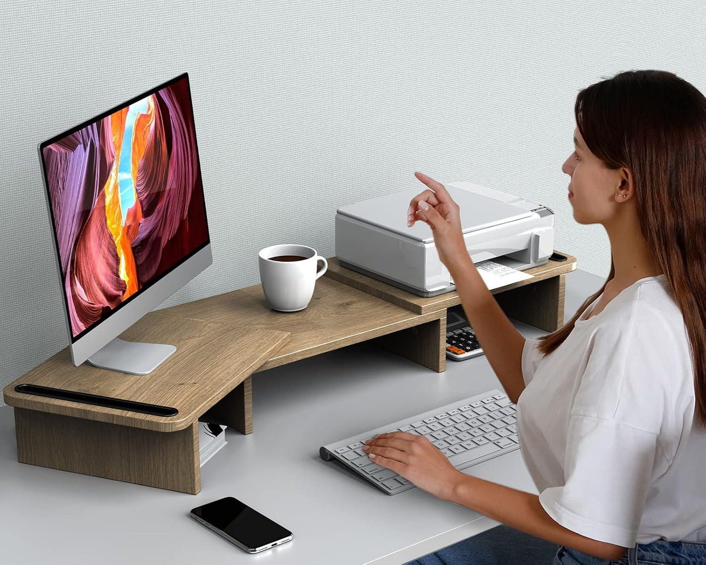 Zimilar Dual Monitor Stand Riser, Monitor Stand with Adjustable Length and Angle, Wood Monitor stand for desk, Monitor Riser for 2 monitors with Storage Space(Rust Brown Large)