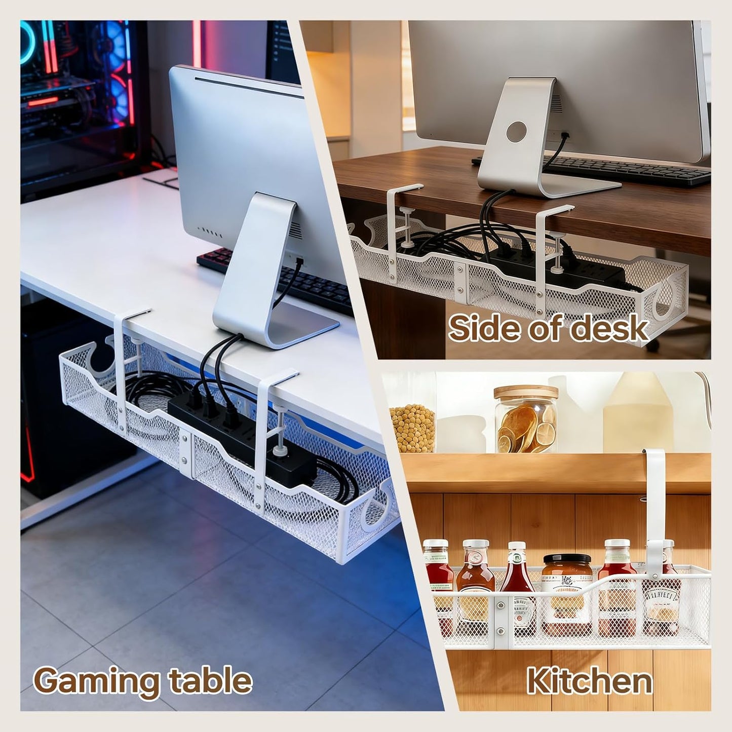 Upgraded 25.2'' Under Desk Cable Management Tray, No Drill Clamp-On Design Wire Organizer, Cable Organization Box for No Damage to Desk, Metal Cord Organizer for Home Office, White