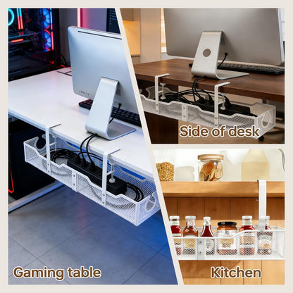 Upgraded 25.2'' Under Desk Cable Management Tray, No Drill Clamp-On Design Wire Organizer, Cable Organization Box for No Damage to Desk, Metal Cord Organizer for Home Office, White