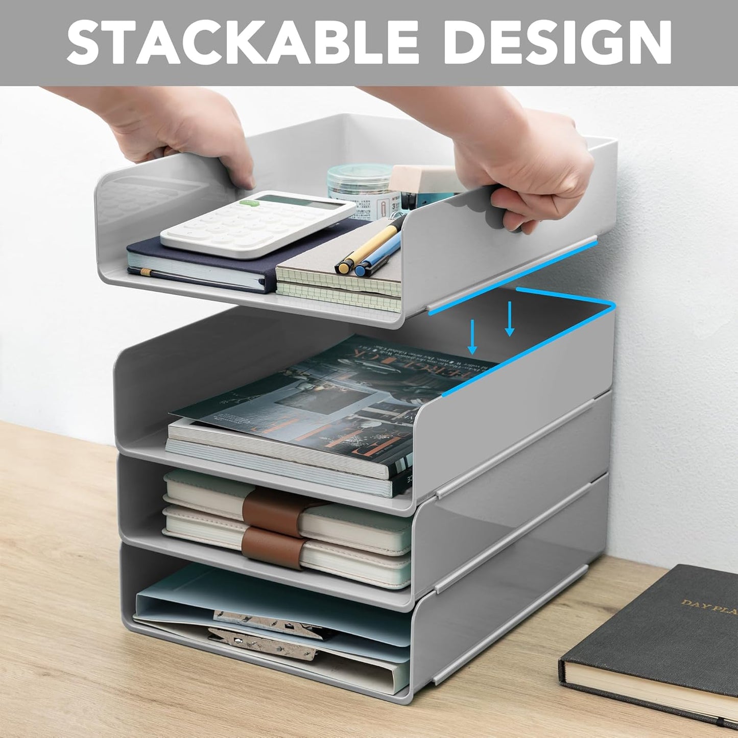 Tiawudi Desk Organizer, Clear Office Organization and Storage, Plastic Letter Tray, Stackable File Organizer for Classroom, Home, Documents, Notes, Folders, Books and Pens, 4 Tier
