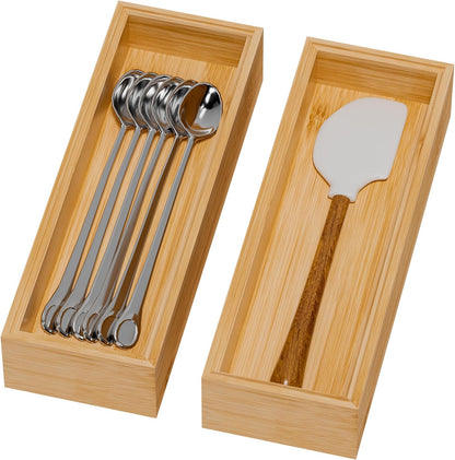 Lixple Bamboo Drawer Organizer, Cutlery Silverware Organizer for Kitchen Drawer, Stackable Utensil Organizer, 2 Pcs Flatware Organizer for Drawer, Wooden Storage Box Tray (Bamboo, 9 X 6 X 2 Inch)