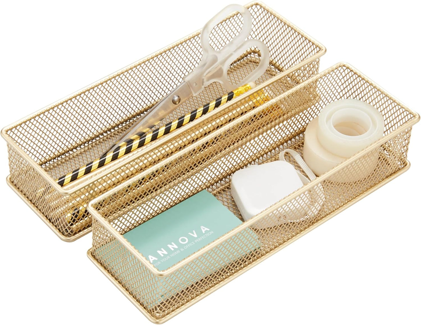 Annova Stackable Mesh Drawer Cabinet and Shelf Organizer Bins Storage Basket School Office Supply Holder Tray- Set of 2 (Gold, 3x3x2 Inch)