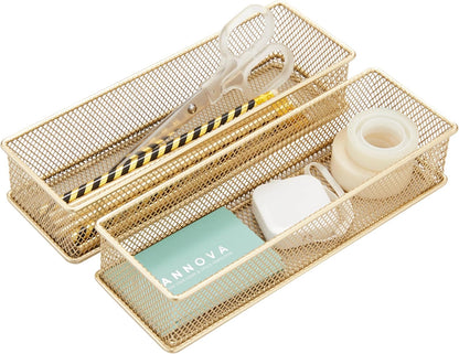Annova Stackable Mesh Drawer Cabinet and Shelf Organizer Bins Storage Basket School Office Supply Holder Tray- Set of 2 (Gold, 3x3x2 Inch)