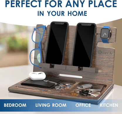 BarvA Two Phone Docking Station | Night Stand Desk Organizer | Wood Nightstand Organizer | Tablet Smart Watch Earbuds Charging Station | Upgraded Dresser Phone Stand | Bed Room Decor Gifts for Men