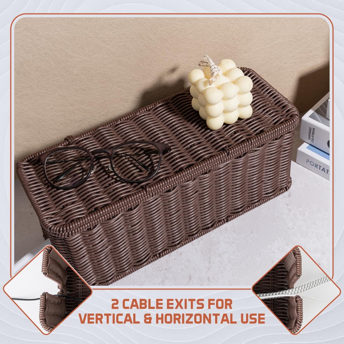 Cable Management Box, Handmade Rattan Cable Organizer with 2 Open Slots, Cord Hider for Power Strip, Router & USB Hub, Registered U.S. Design Patent (D1,112,102), 13" x 5.1" x 5.1", Natural
