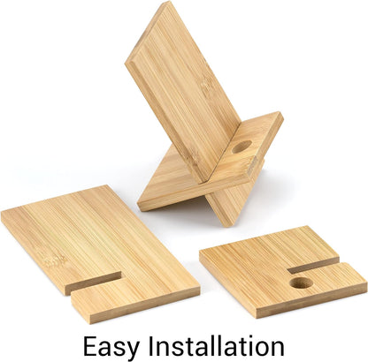 IFAMIO 2 Pack Bamboo Cell Phone Stand Wooden Phone Holder Tablet Desk Stand with Charging Hole Portable Phone Table Stand Desk Organizer Compatible with iPhone Smart Phone iPad Tablet