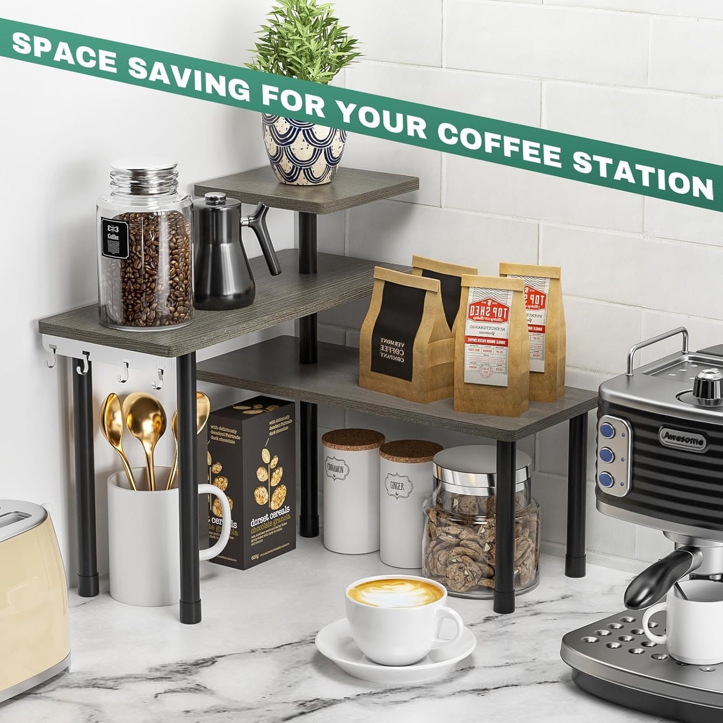 ZHWS Kitchen Countertop Organizer Spice Rack for Salt, Bathroom Counter Organizer Over Sink for Makeup, Skincare, Adjustable 3-Tier Corner Counter Shelf with 4 Hooks for Coffee Bar Dresser Table