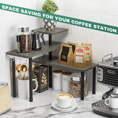 ZHWS Kitchen Countertop Organizer Spice Rack for Salt, Bathroom Counter Organizer Over Sink for Makeup, Skincare, Adjustable 3-Tier Corner Counter Shelf with 4 Hooks for Coffee Bar Dresser Table