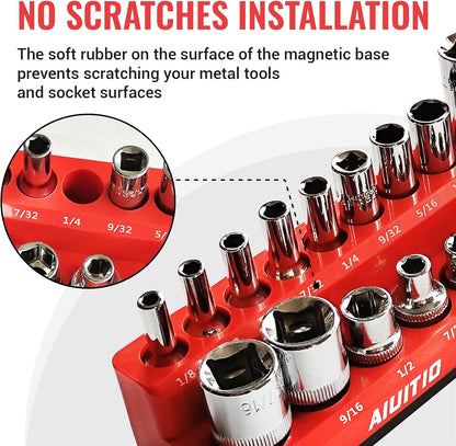 AIUITIO 6PCS Socket Organizer Tray Set, Red SAE & Black Metric Socket Storage Trays, 1/4-Inch, 3/8-Inch & 1/2-Inch Drive Deep and Shallow Socket Holders for Toolboxes