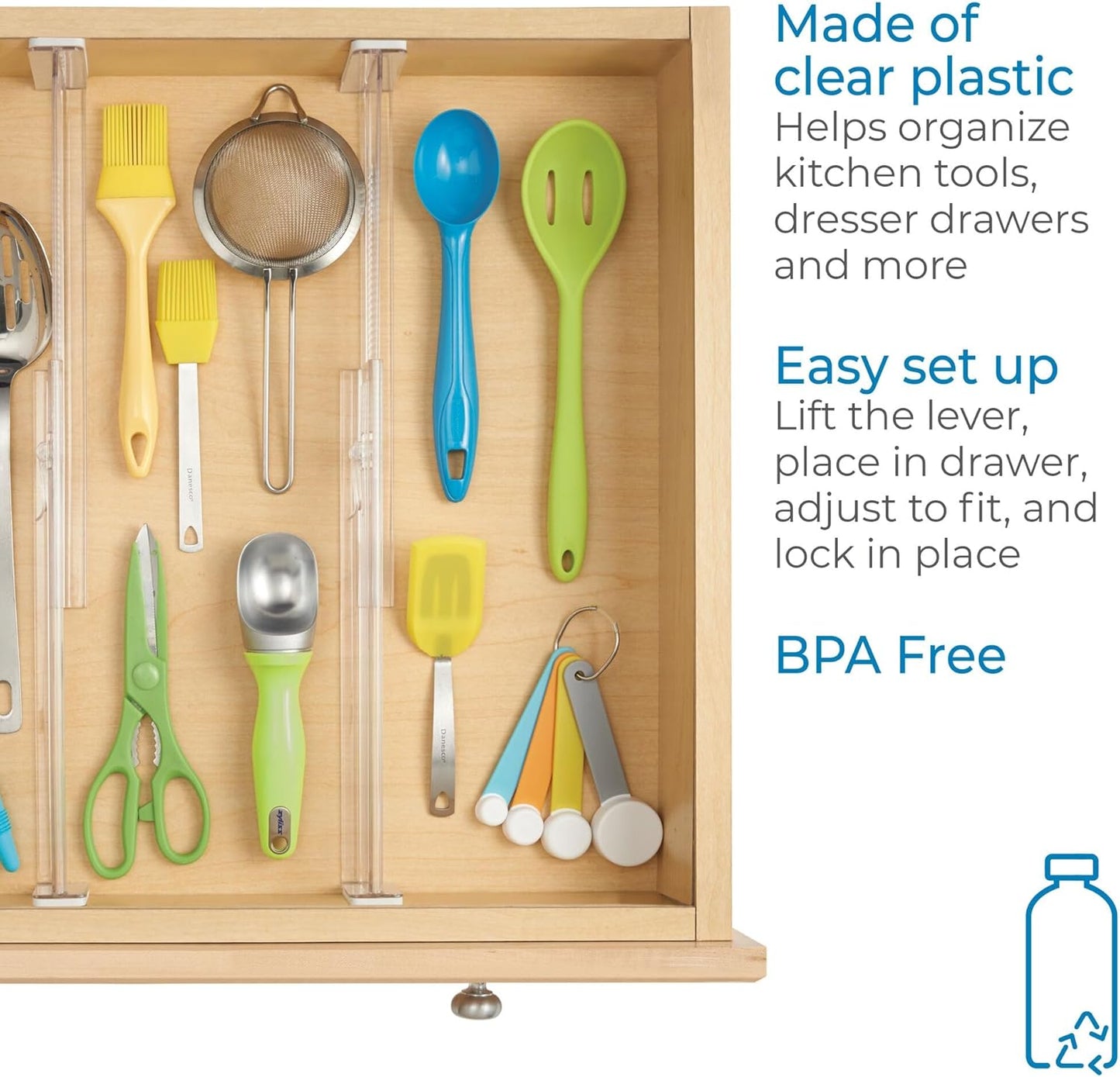 iDesign Plastic Adjustable Deep Drawer Divider, Kitchen, Dresser, Desk, Bathroom and More, The Linus Collection – Set of 2, Expandable 13.25” – 20.75”, Clear