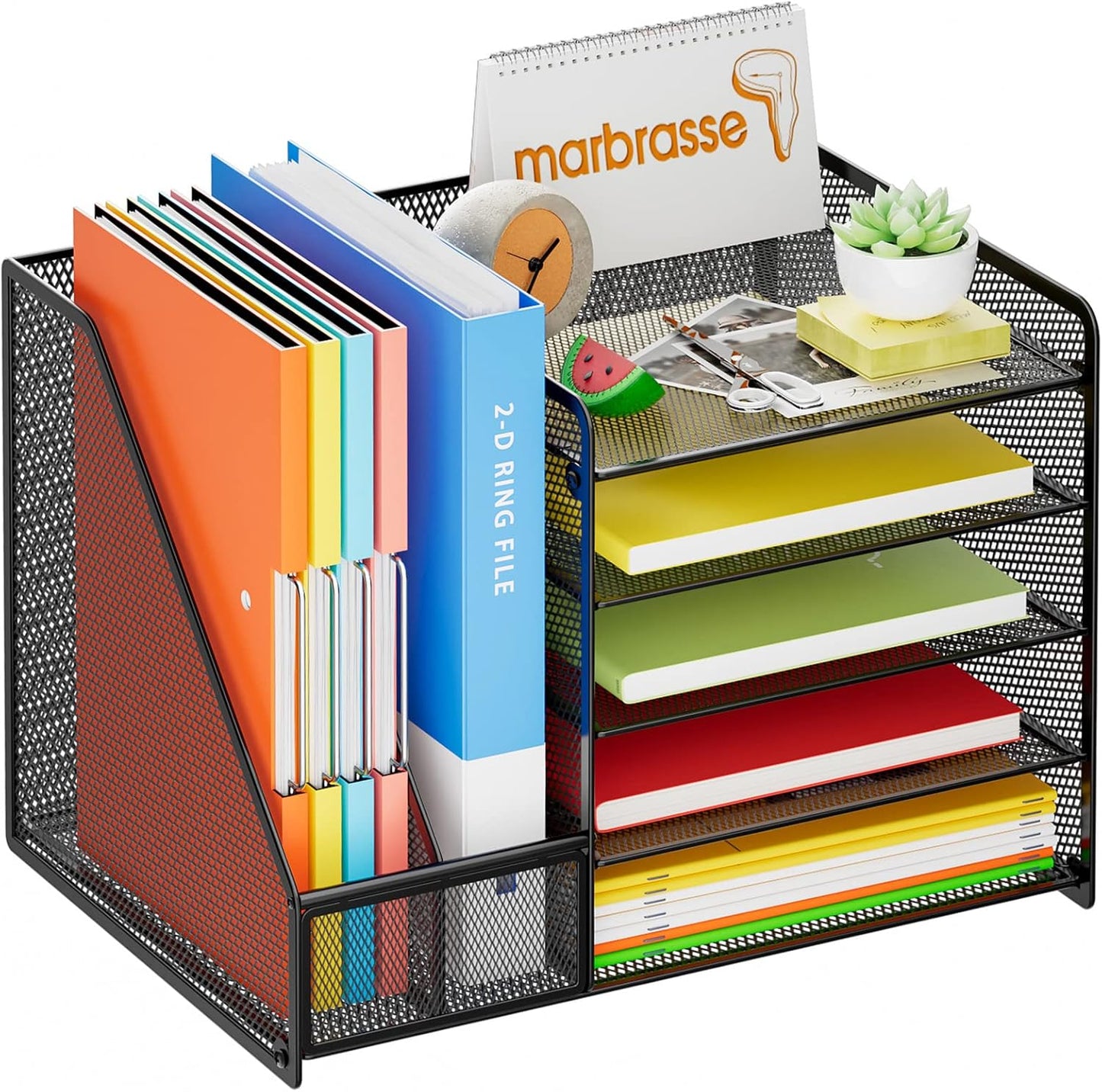 Marbrasse Desk Organizer with File Holder, 5-Tier Paper Letter Tray Organizer with Drawer and 2 Pen Holder, Mesh Desktop Organizer and Storage with Magazine Holder for Office Supplies(Black)