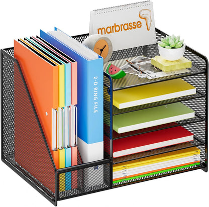 Marbrasse Desk Organizer with File Holder, 5-Tier Paper Letter Tray Organizer with Drawer and 2 Pen Holder, Mesh Desktop Organizer and Storage with Magazine Holder for Office Supplies(Black)