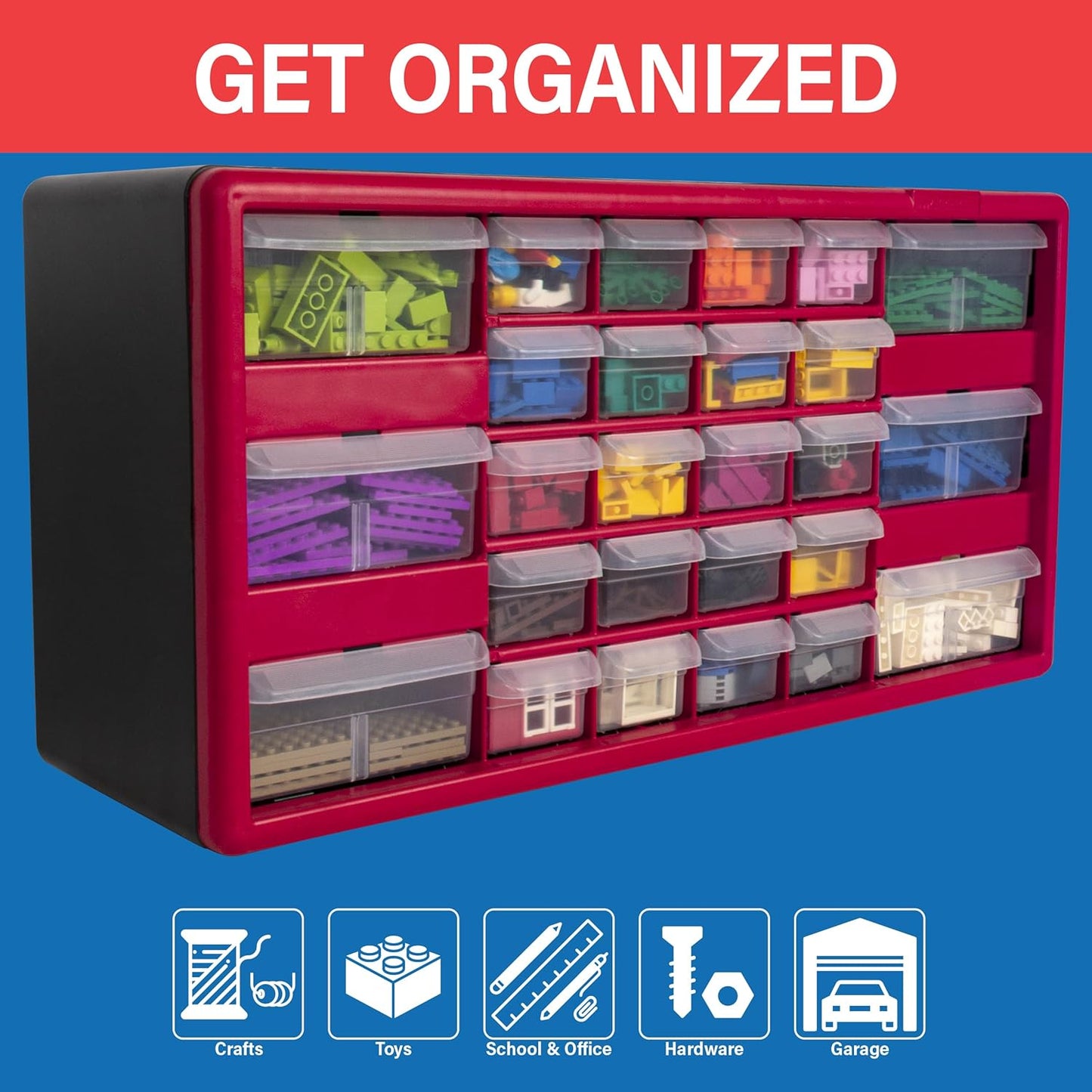 Akro-Mils 24-Drawer Plastic Drawer Storage Cabinet for Garage Organization, Bead Organizer, Building Bricks Storage, Teacher Toolbox, Makeup Organizer, 20" W x 6" D x 16" H, 10124 Black